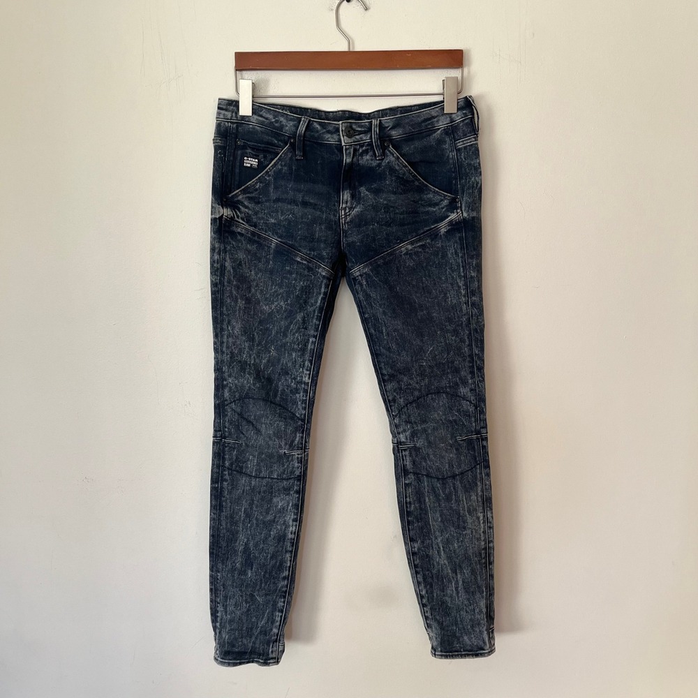 G-Star Raw 5620 Elwood 3D Skinny Jeans Acid Wash Blue Moto Paneled Denim 28x30